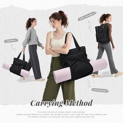 GOLF SUPAGS 3-in-1 Laptop Tote Backpack for Women 15.6" Quilted Work Gym Bag with Hidden Yoga Mat Carrier for Travel Leisure (Black) - color: Black