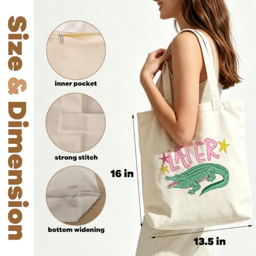 VICBOU Gator Goose Chicken Canvas Tote Bag for Women Girls, Cute Shoulder Bag with Pocket for Beach Shopping Work - color: Alligator01