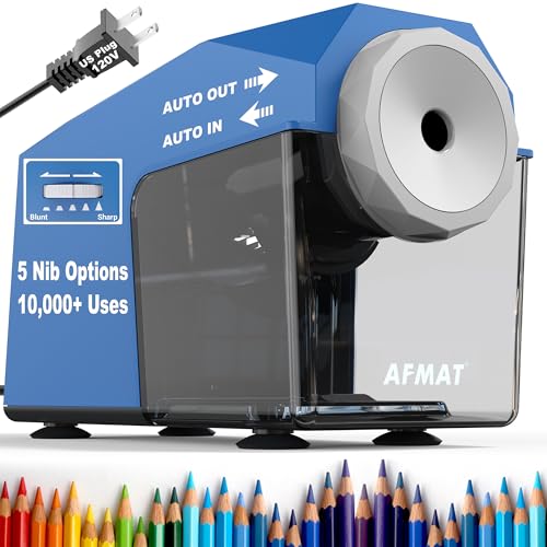 AFMAT Electric Pencil Sharpener, Fast & Hands-Free, 10K+ Uses, 5 Nibs, Fully Automatic Pencil Sharpener for Classroom, Heavy Duty Sharpeners for No.2/Jumbo/Colored Pencils (6.5-10.5mm) US Plug(120V) - color: Sky Blue