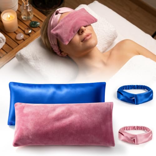 Akakios Lavender Heated Eye Mask with Satin Headband, Yoga Pillow, 2 Pack | Microwave Eye Pillow for Meditation, Weighted Sleep Mask for Relaxing, Gift for Women, Blue&Pink