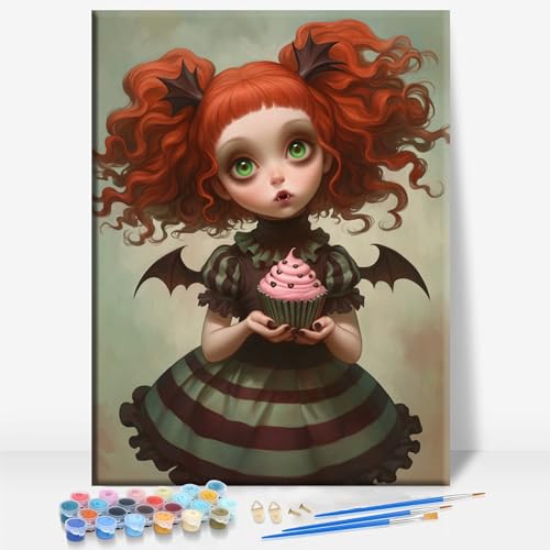Aeontinity Cupcake Doll Gothic Framed Canvas DIY Paint by Numbers Kit Bar Cafe Cave Home Room Wall Bathroom Porch Patio Decor Gift, 16 x 12 Inch - color: CUPCAKE DOLL