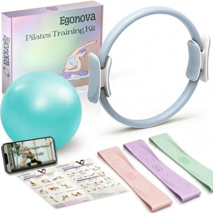 Pilates Ring Set: 35cm Magic Circle with Dual Padded Handles, Pilates Mini Ball, and Resistance Bands (15, 25, 35 lbs) for Strength, Flexibility, Stability, and Body Toning - color: Blue-Essential