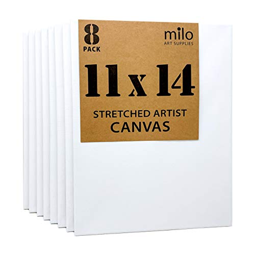 milo Stretched Artist Canvas, 11x14 inch, Value Pack of 8, Blank White | Primed & Ready-to-Paint Art Painting Supplies for Acrylic, Oil, Mixed Wet Media, & Pouring, 100% Cotton with Pine Wood Frame - size: 11" x 14"