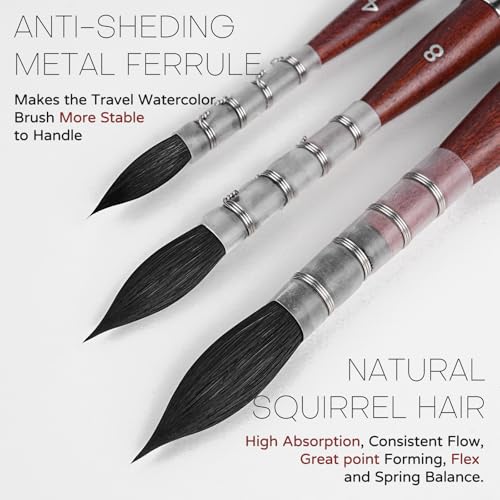 Squirrel Hair Travel Watercolor Brushes, Fuumuui 3pcs Natural Soft Squirrel Mop Round Fine Tip Quill Watercolor Travel Brushes with Leather Pouch for Watercolor Gouache Ink Painting - color: Red