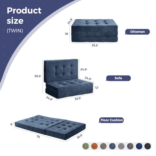 MAXYOYO 6" Folding Sofa Bed for Floor, Tufted Tri-Fold Floor Mattress | Twin Size Portable Sofa Couch Guest Mat with Chenille Fabric for Adults, Foldable Topper for Camping, Dusty Blue, Twin - color: Dusty Blue, size: Twin