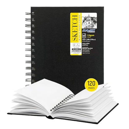 MAyART A5+ Spiral Sketchbook Hardcover, 120 Pages 110gsm White Thick Paper Drawing Sketch Book, 5.8x8.3 inch Wire-O Bound Artist Sketchbook, Acid-Free Sketch Pad for Pencil, Ink & Marker - size: A5