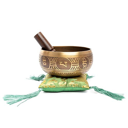 Tibetan Singing Bowl Set - Easy To Play Authentic Handcrafted For Meditation Sound Bowl Chakra Yoga Healing 4 Inches By Himalayan Bazaar (Gold & Green) - color: Gold - Green