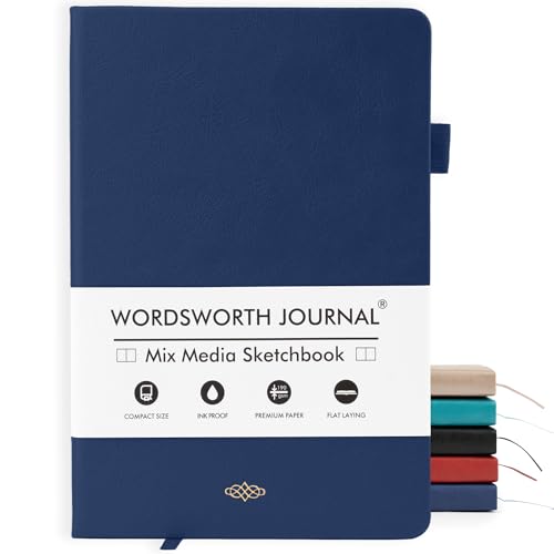 Wordsworth & Black Mixed Media Journal, 96 Pages, A5 Paper, Blue | Hardcover Leather, 190 GSM, Journaling Notebook for Work, Sketching, Gift for Women, Men - color: Blue