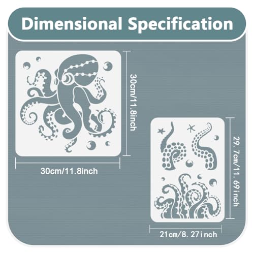 2pcs Octopus Ocean Animal Craft Art Stencils, Octopus Tentacles Plastic Reusable Stencils for Wood Burning, Sea Animal Paint Templates for Painting on Wall Wood Fabric Canvas Furniture Floor | 11.8" x 11.8" & A4 Plastic Craft Stencils, Octopus Wall Stenci