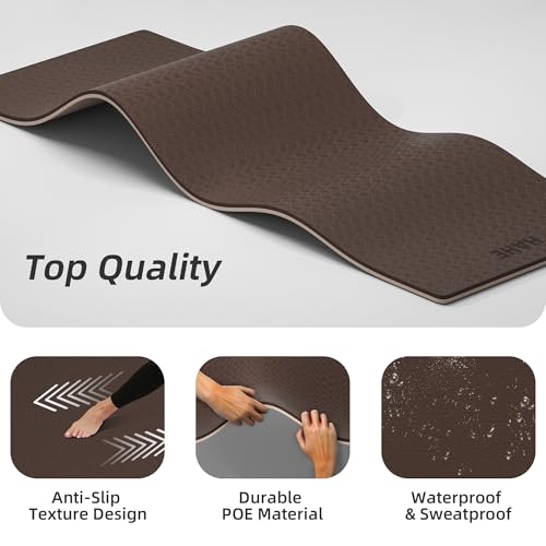 HAHE Wide Yoga Mat 72"x32"x0.4" Thick Pilates Mat with Carrying Strap | Exercise Mats for Home Workout, Wide Non-slip Exercise Mats, Double-Sided POE Fitness Mat for Yoga, Pilates & Travel - color: Dark Brown+Beige