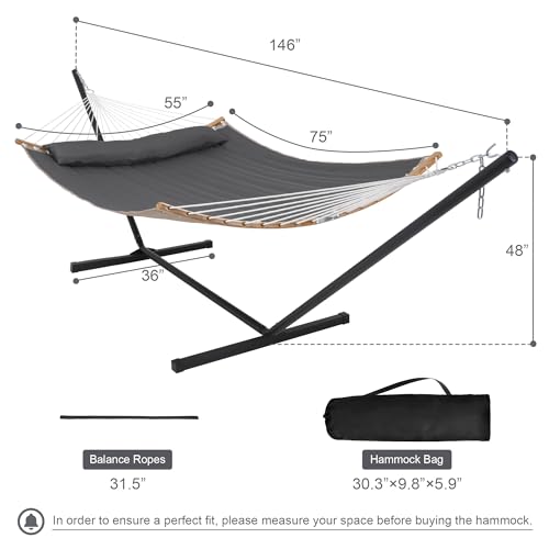 Heavy Duty Hammock with 12FT Stand, Double Hammock, Dark Gray | Large Hammock with Curved Spreader Bar, Pillow, Safety Ropes and Portable Carring Bag, Patio Hammock for Outside, Max 450 Lbs - color: Dark Gray