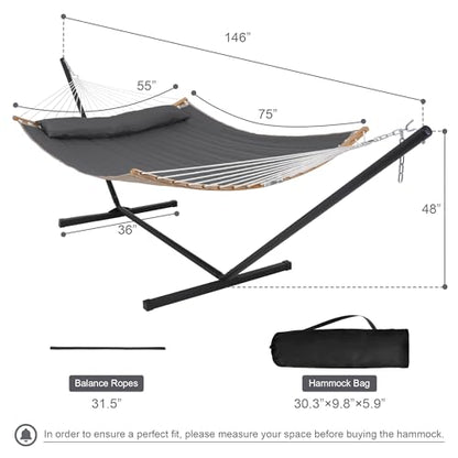 Heavy Duty Hammock with 12FT Stand, Double Hammock, Dark Gray | Large Hammock with Curved Spreader Bar, Pillow, Safety Ropes and Portable Carring Bag, Patio Hammock for Outside, Max 450 Lbs - color: Dark Gray