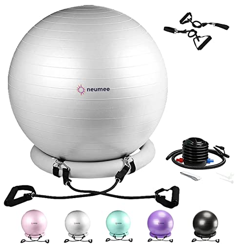 Yoga Ball Chair with 65cm Exercise Ball & 2 Resistance Bands, Stability Base for Home Office, Yoga, Pilates & Fitness, Balance Ball for Posture, Core Strength & Low Impact Workouts - color: Grey