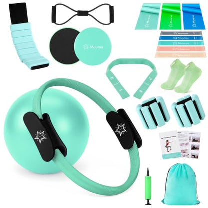 Pilates Kit Equipment, Pilates Ring and Ball for Women Home Workout | Pilates Set with 14'' Magic Circle, Wrist Weights, Resistance Bands, Yoga Strap, Socks, Bag, Essentials Accessories Kit - color: Green