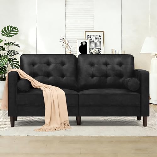 67" Suede Leather 2 Seater Sofa with Two Bolster Pillows, Black - color: Black, size: 67" Loveseat
