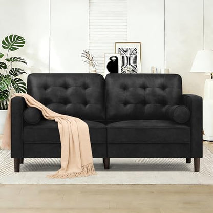 67" Suede Leather 2 Seater Sofa with Two Bolster Pillows, Black - color: Black, size: 67" Loveseat