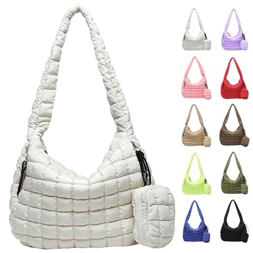 Puffer Tote Bag for Women, Large Quilted Puffer Bag with Pouch, Puffy Quilted Hobo Bag, Puff Crossbody Purse - color: 2-white
