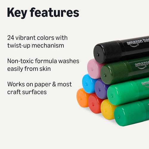 Amazon Basics Tempera Paint Sticks for Kids and Students, Washable, Twist-Up Design, 24 Colors