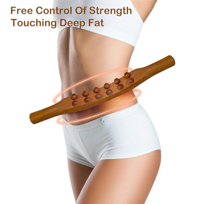 Wood Therapy Massage Stick, 2 in 1 Double Row 12 Beads Maderoterapia Kit Wood Gua Sha Massage Tool, Wooden Gua Sha Lymphatic Drainage Massager Tool for Body Shaping - color: Brown