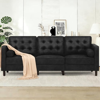 84 Inches Suede Leather Couch with Bolster Pillows, Black - color: Black, size: 84" Sofa