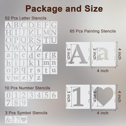Amrules 65 Pcs Painting Stencils, Letters Numbers and Symbols, 4 x 4 Inch | Plastic, Reusable, Interlocked Design, Drawing Templates Set Fit for Wood, Walls, Fabrics, Rocks, Home Decoration - style: Letter