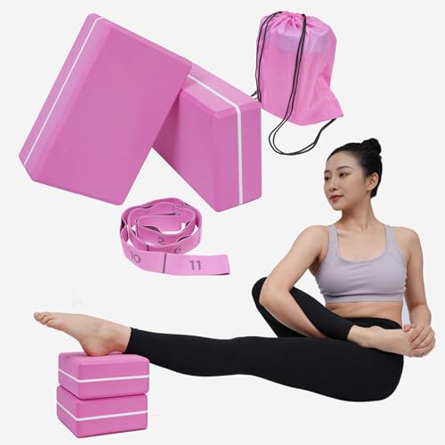 High Density Yoga Blocks 2 Pack with 11 Loops Stretch Band, 350g Non-Slip Foam Exercise Bricks for Pilates & Dance, Pink Gym Accessories with Carry Bag for Flexibility, Balance & Rehab Training - color: Pink Brick & Pink Band