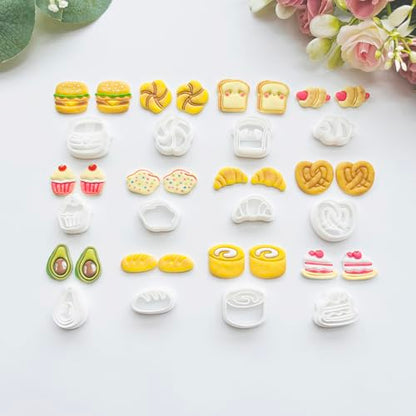 Xaekicr Bakery & Food Theme Polymer Clay Cutters Set - 12pcs Miniature Shapes Including Croissant, Burger, Avocado, Cupcake, Bread & Toast for DIY Earring Jewelry, Soft Clay Crafts & Scrapbooking - color: S color
