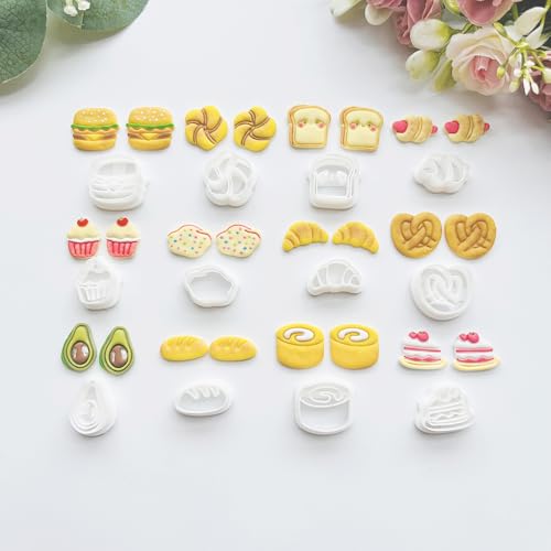 Xaekicr Bakery & Food Theme Polymer Clay Cutters Set - 12pcs Miniature Shapes Including Croissant, Burger, Avocado, Cupcake, Bread & Toast for DIY Earring Jewelry, Soft Clay Crafts & Scrapbooking - color: S color