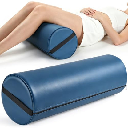 PU Leather Round Bolster Pillow, 26 x 9 In Massage Bolsters for Under Legs | Massage Knee Pillow with Strap Handle, Exercise Bolster for Legs Massage Table Roll Pillow Leg Bolster for Massage Table - color: 9“ Full Round - Blue