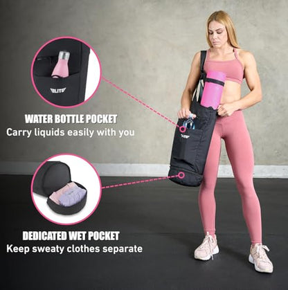 Elite Yoga Mat Bag for Women & Men, Yoga Gym Bag with Wet Pocket, Bottle & Zipper Pockets, Yoga Workout Essentials Carrier Yoga Bag with Mat Straps, Adjustable Shoulder Straps Carry on Sports Bag