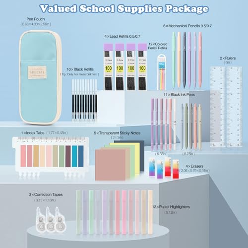 MoKo Pencil Case with Supplies, 60Pcs Aesthetic School Set, Blue | Includes highlighters, gel and ballpoint pens, mechanical pencils, refills, sticky notes, correction tapes and rulers. - color: Blue-60P
