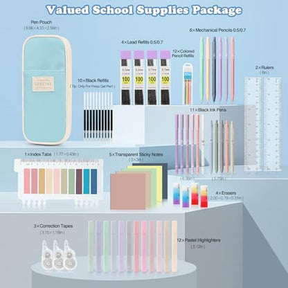 MoKo Pencil Case with Supplies, 60Pcs Aesthetic School Set, Blue | Includes highlighters, gel and ballpoint pens, mechanical pencils, refills, sticky notes, correction tapes and rulers. - color: Blue-60P