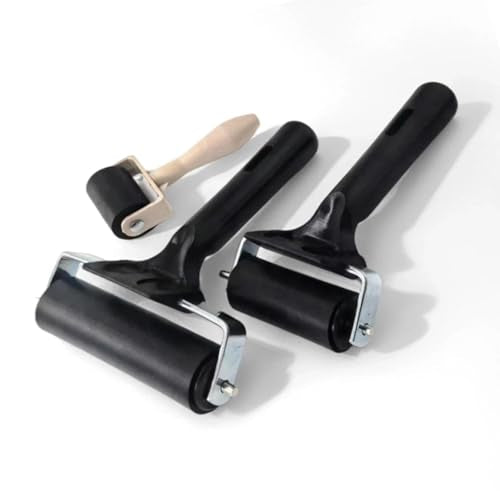 3-Pack Hard Rubber Brayer Rollers, 1.4/2.4/4 Inch for Printmaking, Ink Stamping, Gluing, Wallpaper, Anti-Skid Tape Application - Art Craft & Construction Tools
