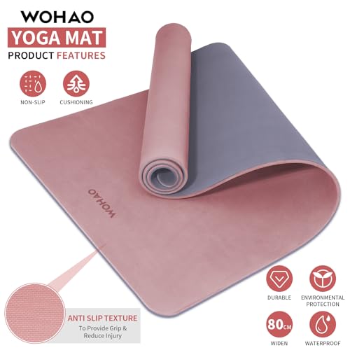8mm Extra Wide 80cm Yoga Mat Non Slip | Spacious 80cm x 72" mat for tall users, gym, pilates. POE, reversible dual-color, non-slip, tear-proof, odorless, strap. - color: Dark Powder+Dark silve