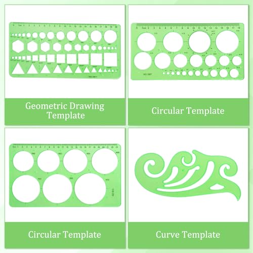 4 Pcs Geometric Drawings Templates, Measuring Geometry Rulers Drafting Stencils Measuring Tools, Transparent Green Plastic Drawing Tool for Design School Studying Office Architecture Teaching Supplies