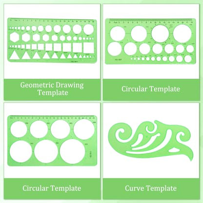 4 Pcs Geometric Drawings Templates, Measuring Geometry Rulers Drafting Stencils Measuring Tools, Transparent Green Plastic Drawing Tool for Design School Studying Office Architecture Teaching Supplies
