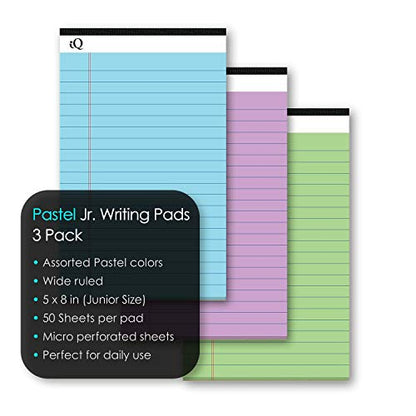 iScholar iQ Pastel Jr. Writing Pads, Wide Ruled, 5" x 8", 50 Sheets Per Pad, Asst. Pastel Colors, 3 Pack (85803) - size: 5" x 8"