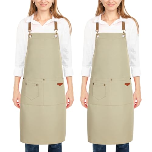2 Pack Kitchen Cooking Aprons, Adjustable Bib Soft Chef Apron with 2 Pockets for Men Women - color: Beige