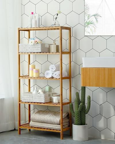 SONGMICS 5-Tier Bamboo Shelf, Freestanding Bathroom Storage Rack - color: Light Bamboo, size: 5 Tiers (10.2"D x 23.6"W x 51.2"H)