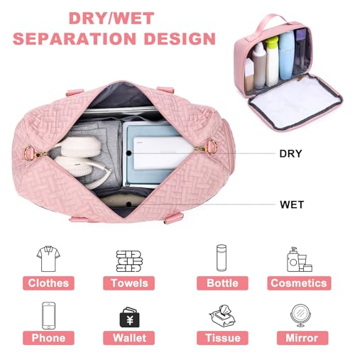 Women Weekender Travel Duffle Bag: Travel Duffel Overnight Bags with Shoe Compartment Large Carry on Tote with Toiletry Bag Weekend Traveling Yoga Gym Hospital Bag for Women with Wet Pocket Pink - color: 23-Pink T Quilted, size: Large