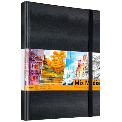 Ohuhu 10.8x7.8 Mix Media Pad Art Sketchbook 78 Sheets for Painting Drawing | Large Sketch Book - 120 LB/200 GSM Heavyweight Paper - Hardcover Mixed Media Sketch Pad for Watercolor Acrylic Christmas Gift - size: 10.8" × 7.8"