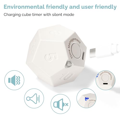 KADAMS Pomodoro Cube Timer Productivity-11 Preset Countdowns, Flip-to-Start Gravity Activation - Sound Vibrate Mute Rechargeable - Ideal for ADHD Kid Kitchen Classroom Cook Study Exercise - White