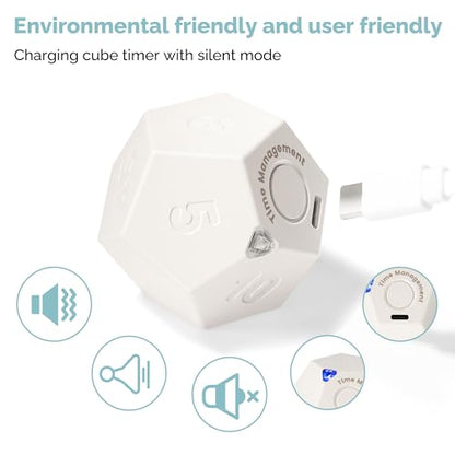 KADAMS Pomodoro Cube Timer Productivity-11 Preset Countdowns, Flip-to-Start Gravity Activation - Sound Vibrate Mute Rechargeable - Ideal for ADHD Kid Kitchen Classroom Cook Study Exercise - White