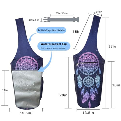 Yoga Mat Bag - Large Opening Long Tote Yoga Mat Carrier Holder Bag with Waterproof Wet Zipper Pocket and Drawstring Water Bottle Pocket - Yoga Bag Fit Most Size Mats - color: Dreamcatcher