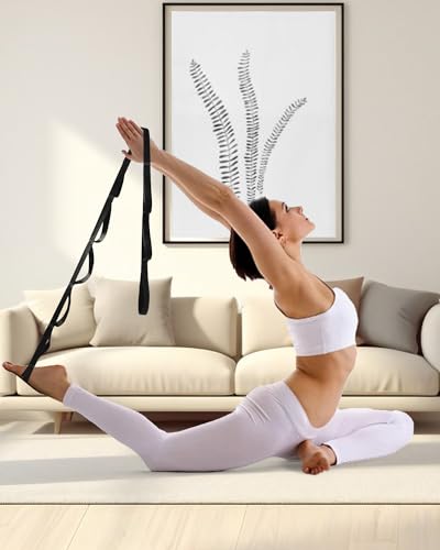 10 Loop Yoga Stretching Strap for Physical Therapy - Non-Elastic Exercise Band for Pilates, Yoga, Stretching for Women & Men - color: Black