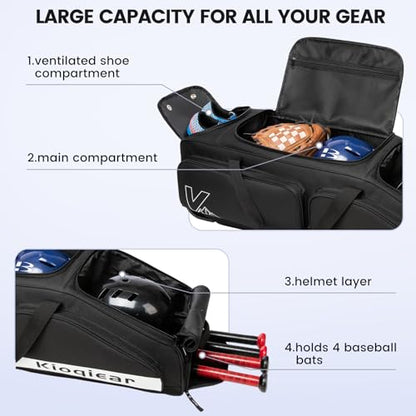 Catchers Gear Bag with Wheels for 4 Bats, 80L Rolling Baseball Bag - color: Black