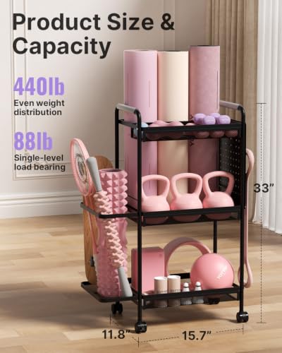 YOTTOY 3-Tier Gym Storage Rack for Home Gym–Multi-Functional Weight Rack, Dumbbell Rack, Yoga Mat Holder with Side Basket & 6 Hooks, Gym Equipment Organizer - color: Black