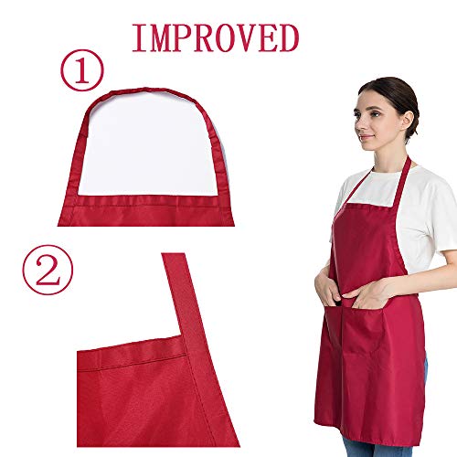 Total 6PCS Deep Red Bib Apron for Women Adult Unisex Durable Comfortable with 2 Front Pockets Washable Chef Aprons for Cooking Baking Kitchen Restaurant Crafting Painting. - color: Wine