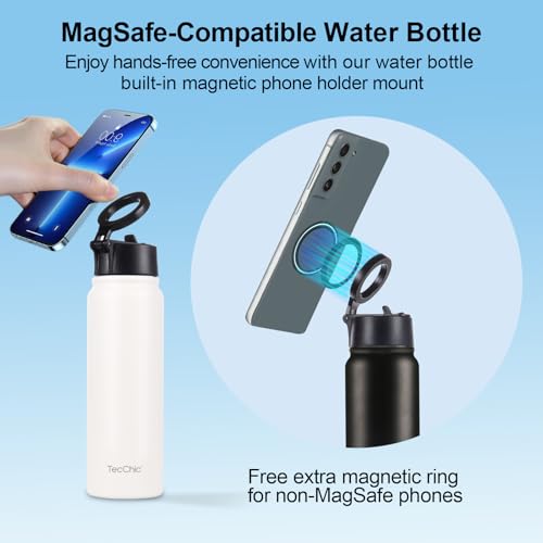 Insulated Water Bottle with Magnetic Phone Holder Compatible with MagSafe and iPhone,Double-Sided Magnet,Hot 12H Cold 24H,Stainless Steel Water Bottle Phone Mount for Sports Travel,27oz (Pink) - color: Pink