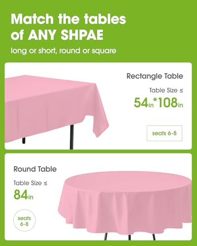 Pureegg Plastic Table Cloth Disposable 8 Pack, 84 Inch Round, Pink | Easter Party, Valentines Day, Mothers Day, Leakproof & Sturdy, Pink, Round Tablecloth - color: Pink, size: 84" Round